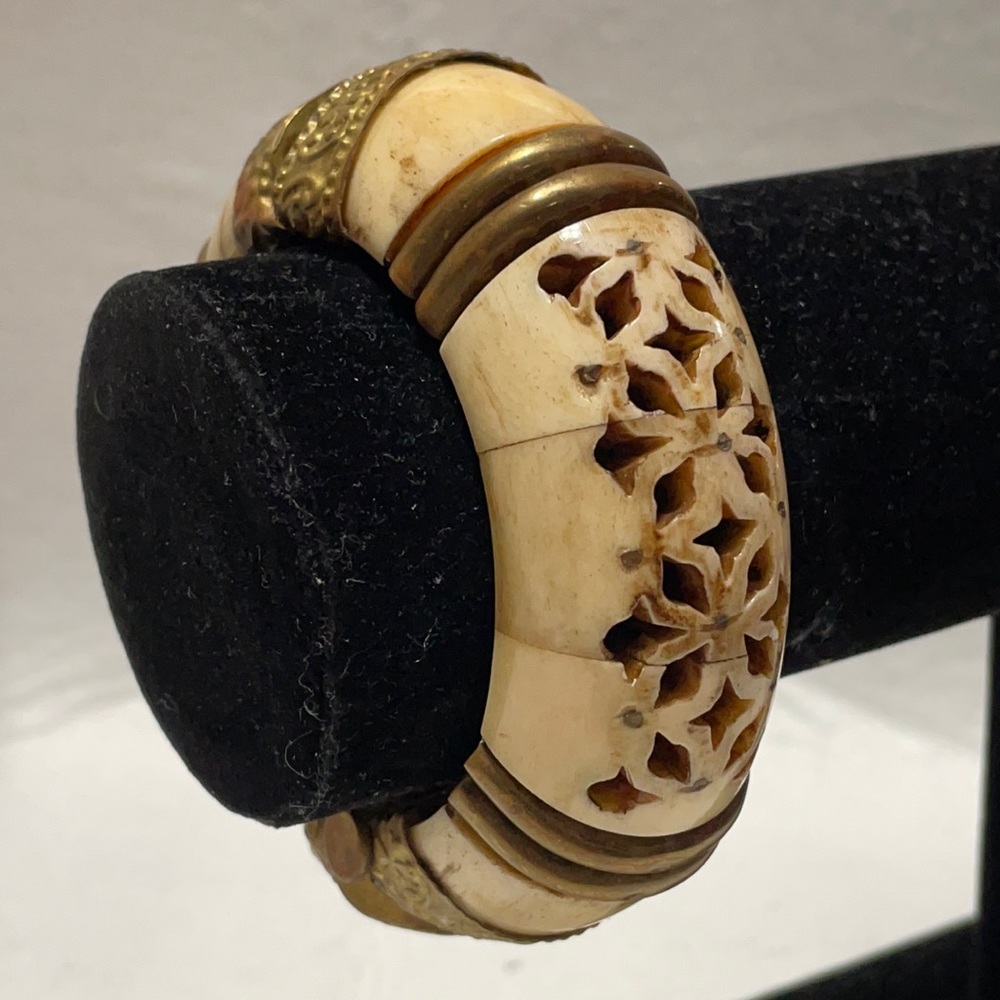 Antique Afghani Bone, Brass, Wood bracelet with pin latch 7”